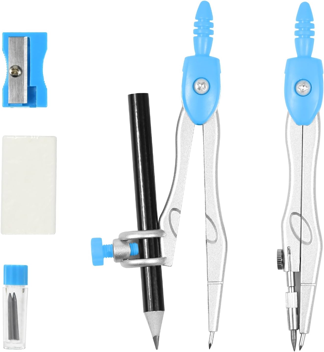 10 Pieces Math Geometry Kit Set Student Supplies with Shatterproof Storage Box,Includes Rulers,Protractor,Compass,Eraser,Pencil Sharpener,Lead Refills,Pencil,for School and Drawings（Blue）