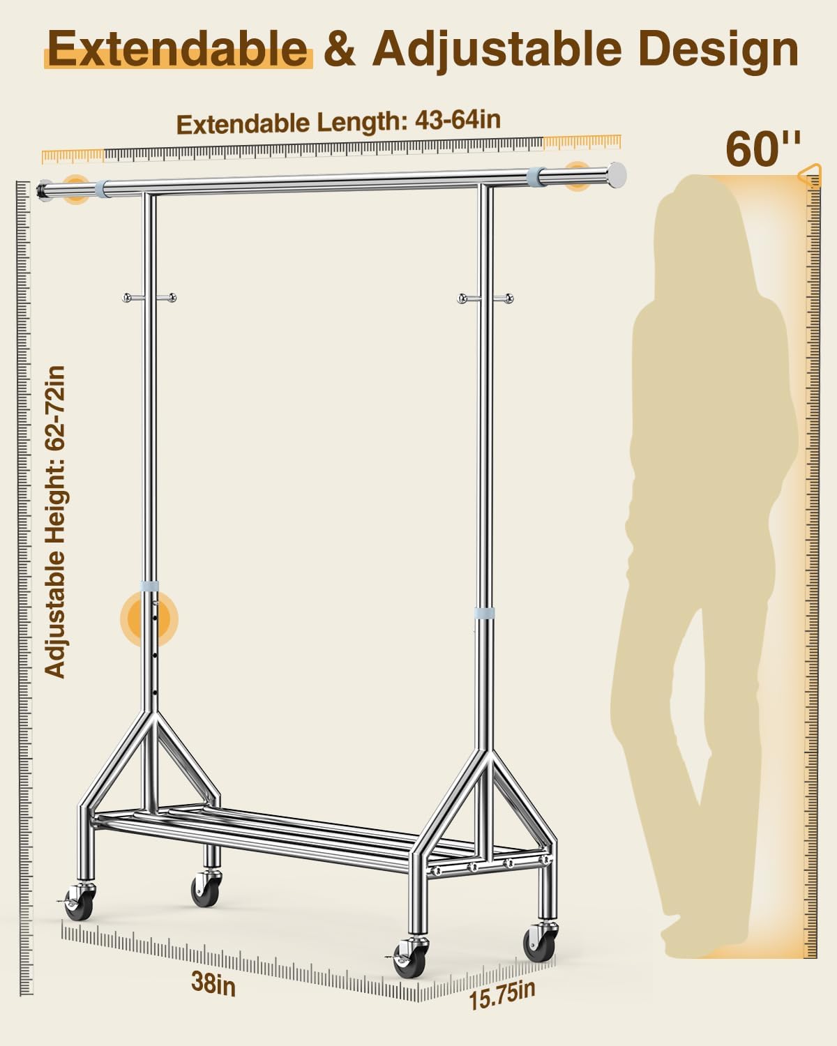 Upgraded 100% Stainless Steel Clothing Rack Load 760LBS, Heavy Duty Clothes Racks with Larger & Sturdy Wheel, Extendable & Adjustable Rolling Garment with Shelves - Lumora Desk