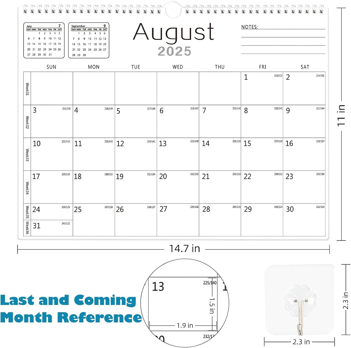 Calendar 2025-2026, Wall Calendar 2025-2026 from July 2025 to December 2026, 14.7"x11.5" 18 Months Wall Hanging Calendar with Thick Paper for Office Home School(White,14.7x11.5 inch)
