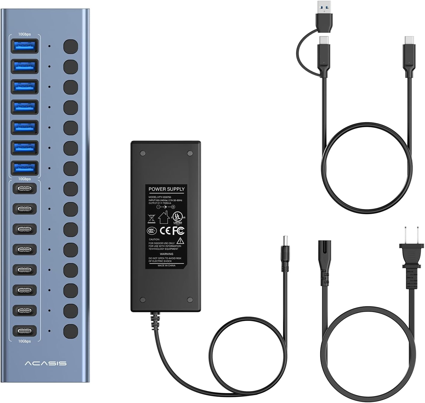 Powered USB 3.2 Hub, ACASIS 16 Ports USB 3.2 Hub(8 USB-A 3.2 Ports+8 USB-C 3.2 Ports), Aluminum USB Hub Powered with 96W Power Adapter, USB Hub for PC/Laptop, Computer, Flash Drive, Printer, Camera