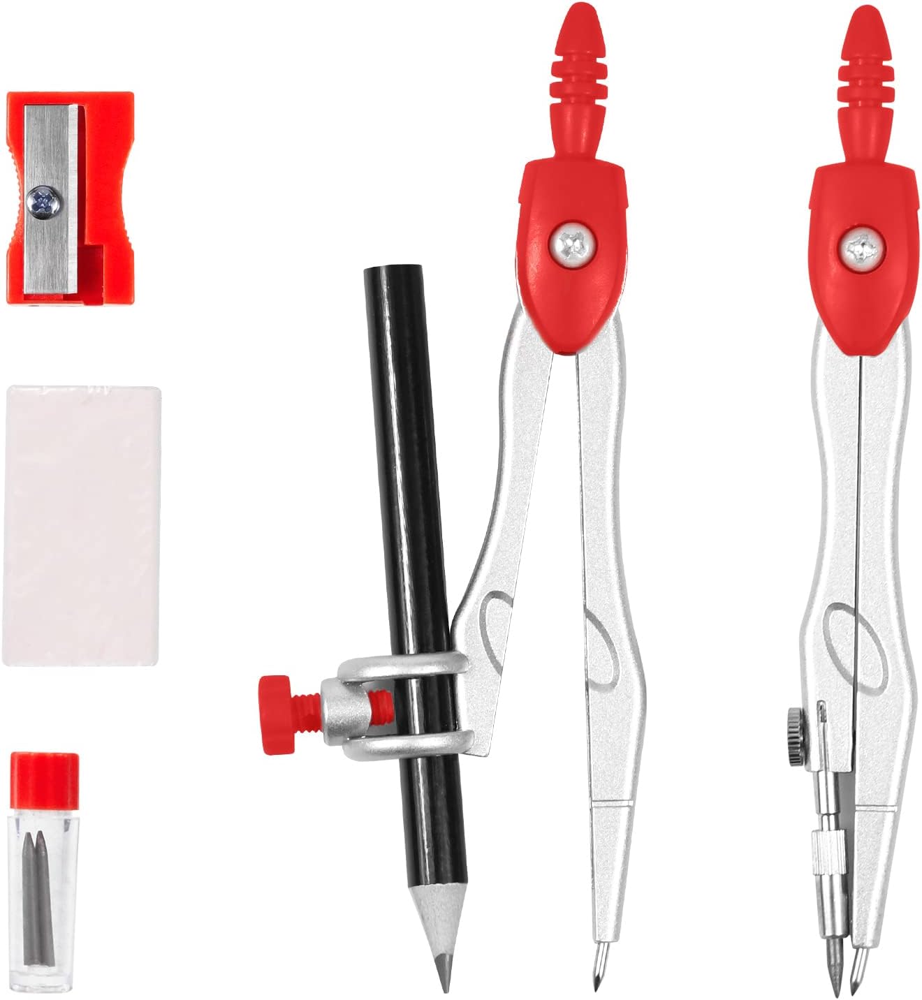 10 Pieces Math Geometry Kit Set Student Supplies with Shatterproof Storage Box,Includes Rulers,Protractor,Compass,Eraser,Pencil Sharpener,Lead Refills,Pencil,for School and Drawings（Red）