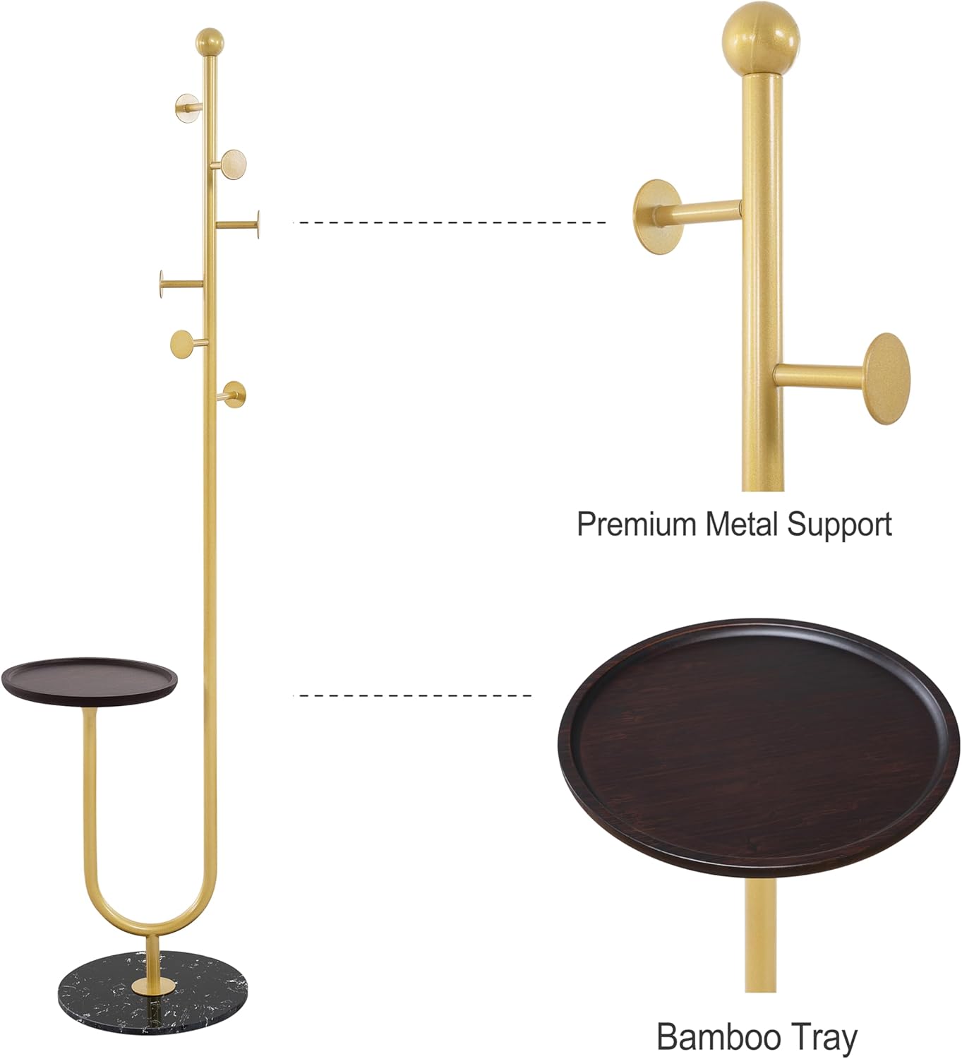 Coat Rack Stand, Metal Coat Tree with Bamboo Tray & 6 Hooks, Heavy Duty Marble Base Corner Coat Stand for Bedroom Hallway Entryway Living Room Office 13.78 x 13.78 x 68.11 Inches (Gold) - Lumora Desk