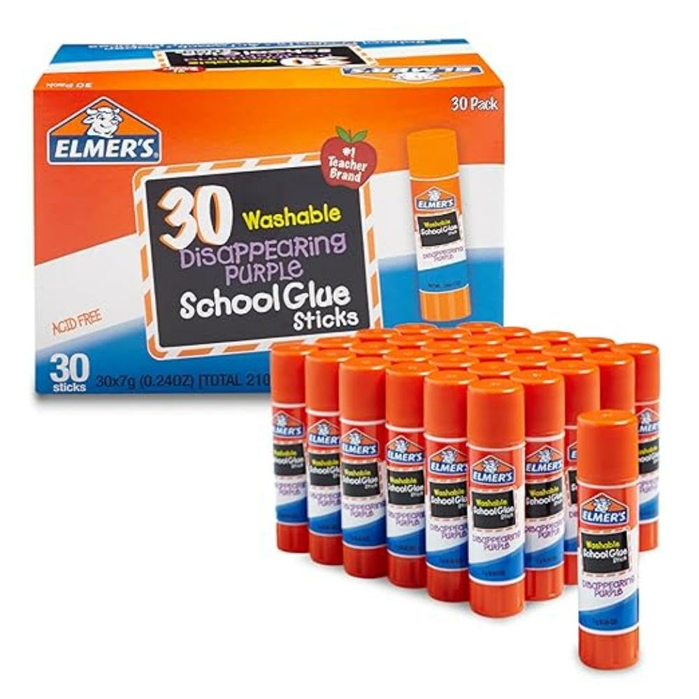 Elmer’s Disappearing Purple School Glue Sticks, Washable, 7g, 30 Count - Bulk Pack for Classrooms, #1 Teacher Brand