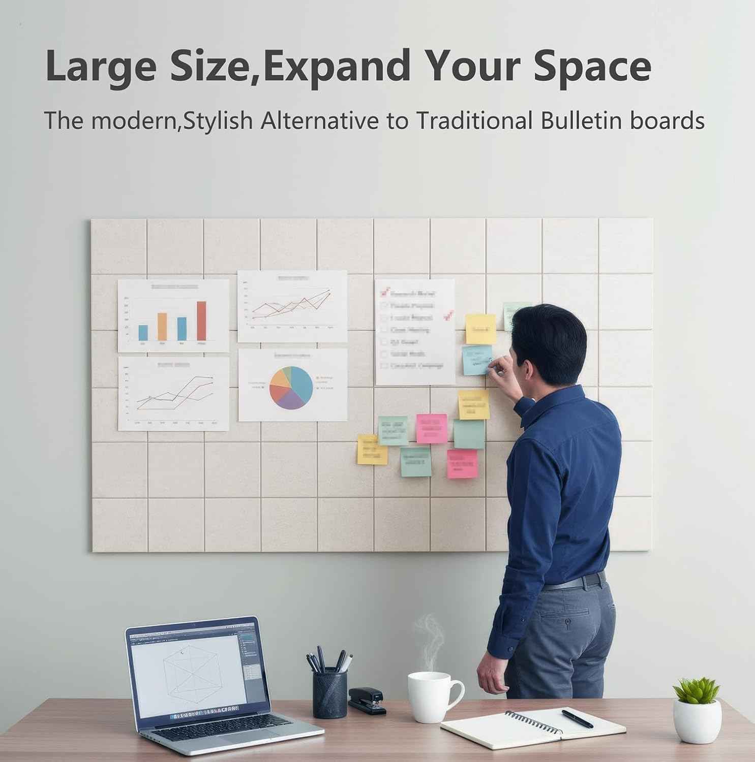 Large Felt Wall Tiles Bulletin Board 59”x36”,Large Cork Board Alternative with 60 Pushpins, 15-Pack Felt Pin Board with 112 Safe Removable Adhesive Tabs for Home Office School (Oatmeal)
