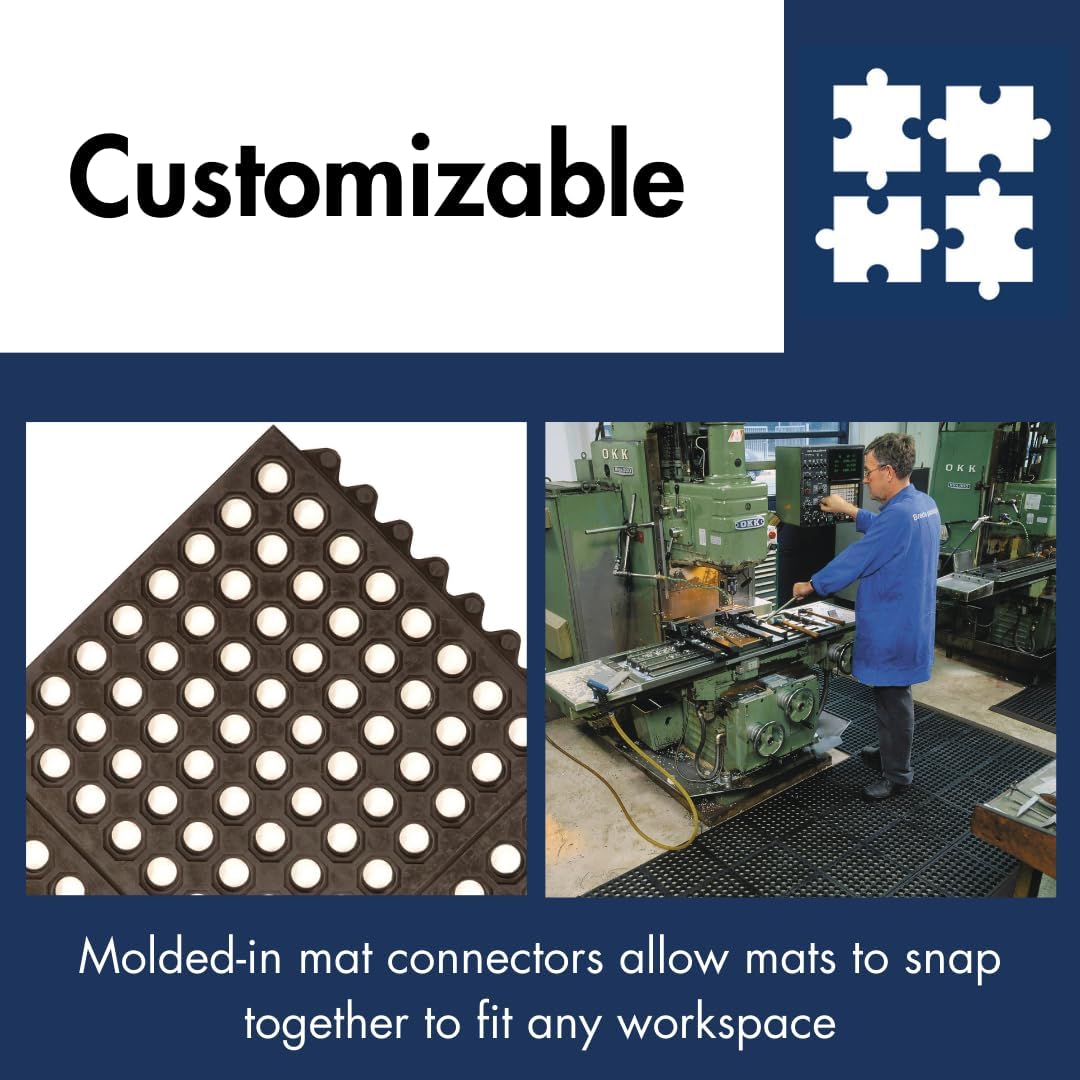 NoTrax 3' x 3' Light-Duty Rubber Drainage Mat, Customizable Modular Interlocking Design with Ergonomic Support, Lightweight, Anti-Fatigue, Non-Slip Surface, Black, 501S0033BL