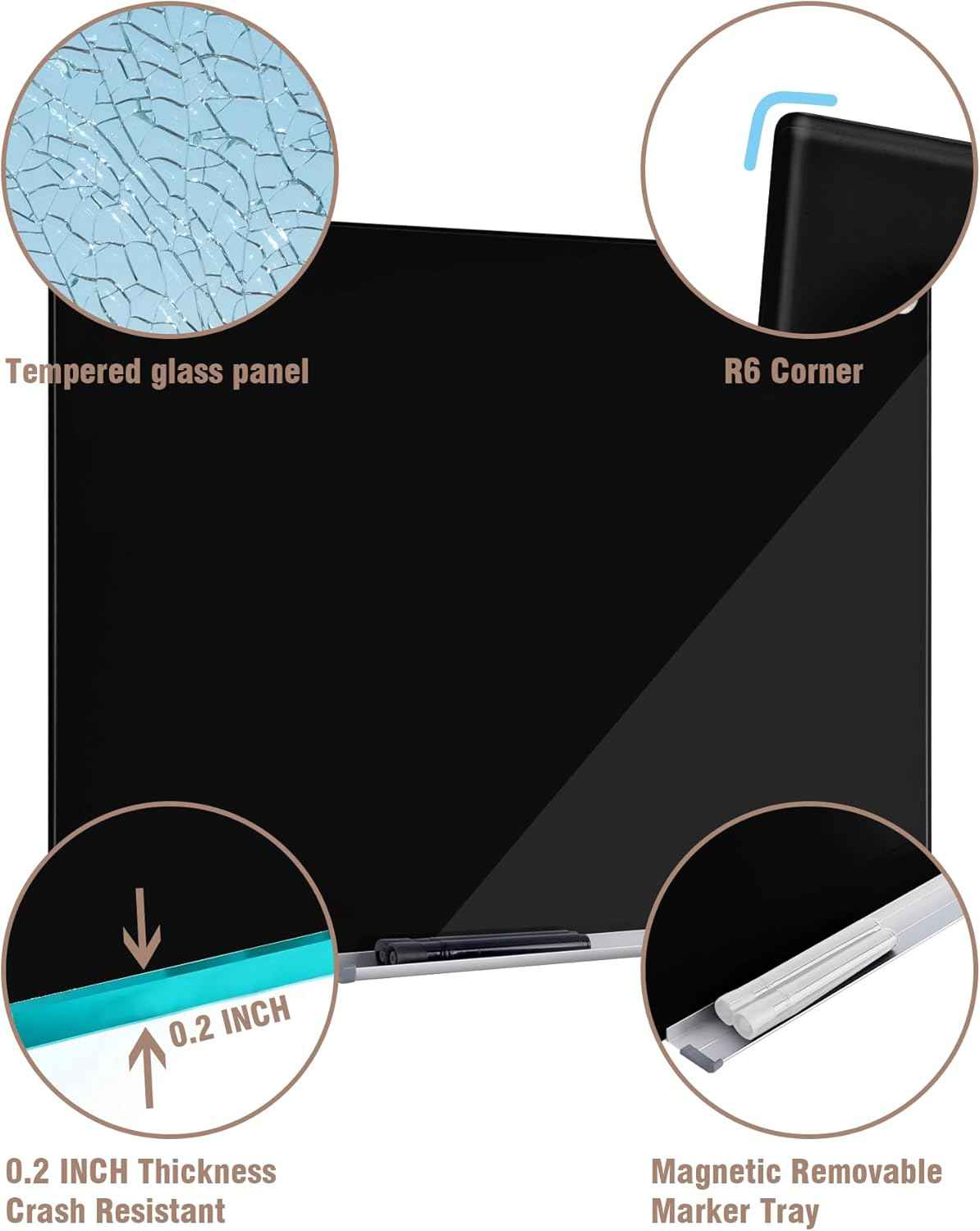 Mifuro Magnetic Glass Whiteboard，60"x48" Wall Mounted Frameless Dry Erase Board for Office, Home & School Black