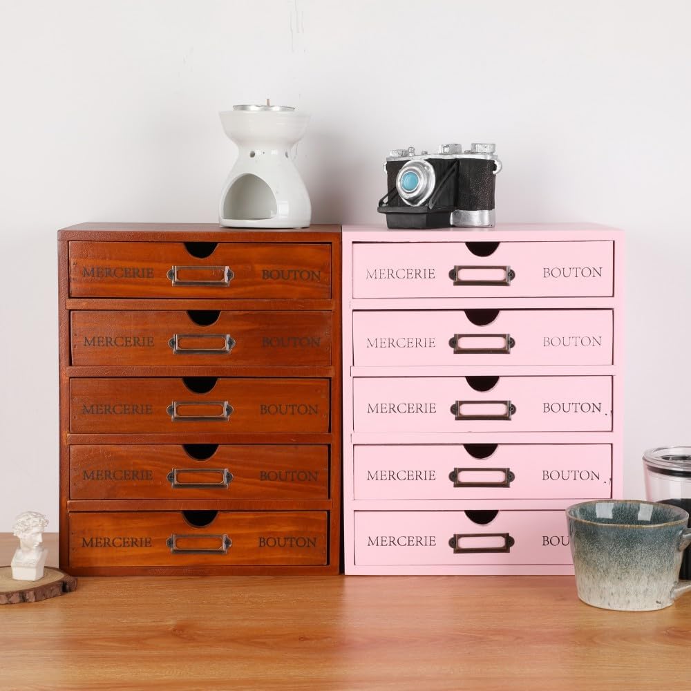 Wooden Storage Box with 5 Drawers Apothecary Drawers Vintage Wooden Drawers Wood Desktop Organizer with Drawers Countertop Drawers Library Card Catalog Cabinet Apothecary Cabinet （BROWN）