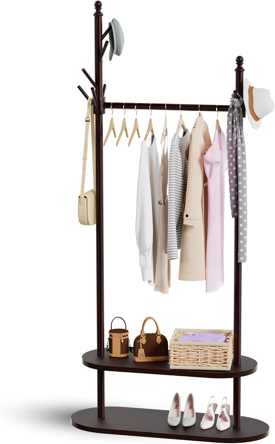 2-Tier Coat Rack Freestanding, Easy Assemble 8 Hooks Wooden Coat Rack with Shoe Storage Sturdy Coat Tree Save Space, Rustic Coat Stand for Entryway, Bedroom, Office (Dark Brown)