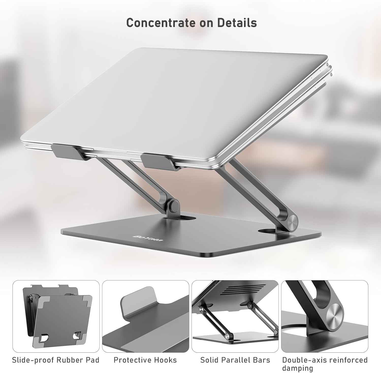 BoYata Laptop Stand, Adjustable Laptop Riser Ergonomic Computer Stand for Desk, Laptop Holder Compatible for MacBook Pro/Air, Surface Laptop and Other Laptops up to 15 Inches-Space Gray