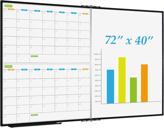 JILoffice Magnetic Foldable Dry Erase Calendar Whiteboard Combo, 2 Month Calendar Board & White Board 72 X 40 Inch, Black Aluminum Frame Wall Mounted Board for Office Home and School - Lumora Desk