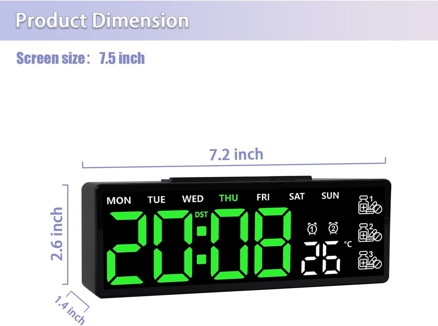8 Inch LED Digital Desk Clock with Medication Reminders – Large Display with Time, Date, Day, Temperature, Triple Pill Alerts, Dual Alarm, Silent Clock for Home and Office,Green