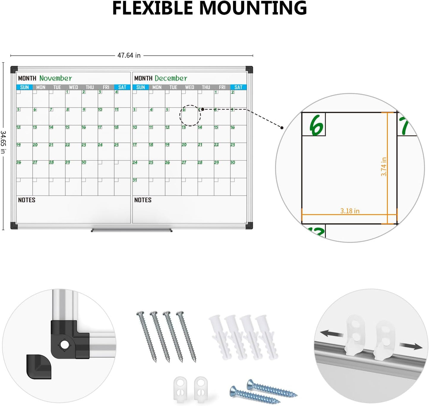 XBoard Magnetic Calendar Whiteboard 48" x 36" - 2 Month Dry Erase Board, White Board + Colorful Calendar Board, Silver Aluminium Framed Monthly Planning Board - Lumora Desk