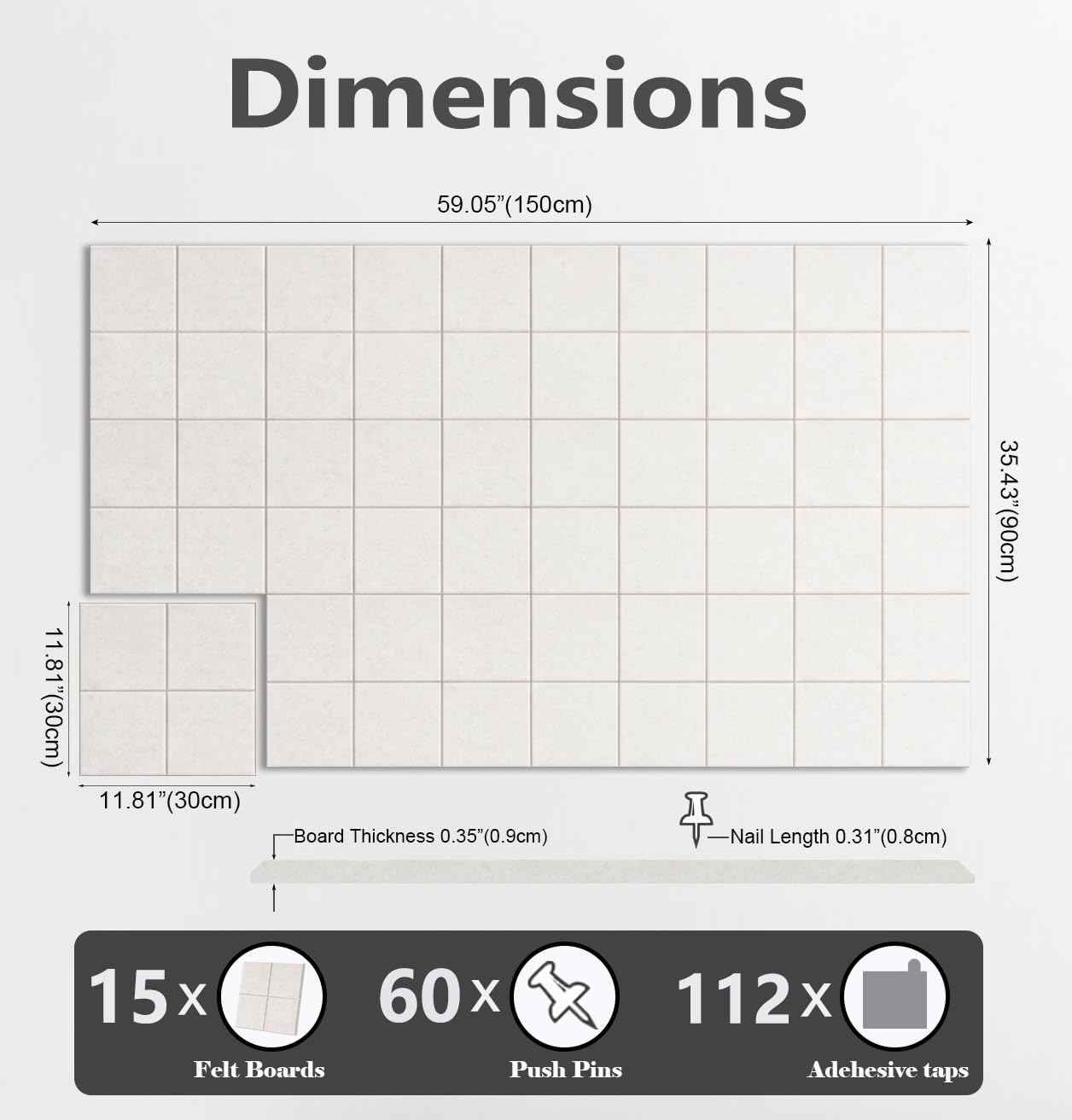 Large Felt Wall Tiles Bulletin Board 59”x36”,Large Cork Board Alternative with 60 Pushpins, 15-Pack Felt Pin Board with 112 Safe Removable Adhesive Tabs for Home Office School (Oatmeal)