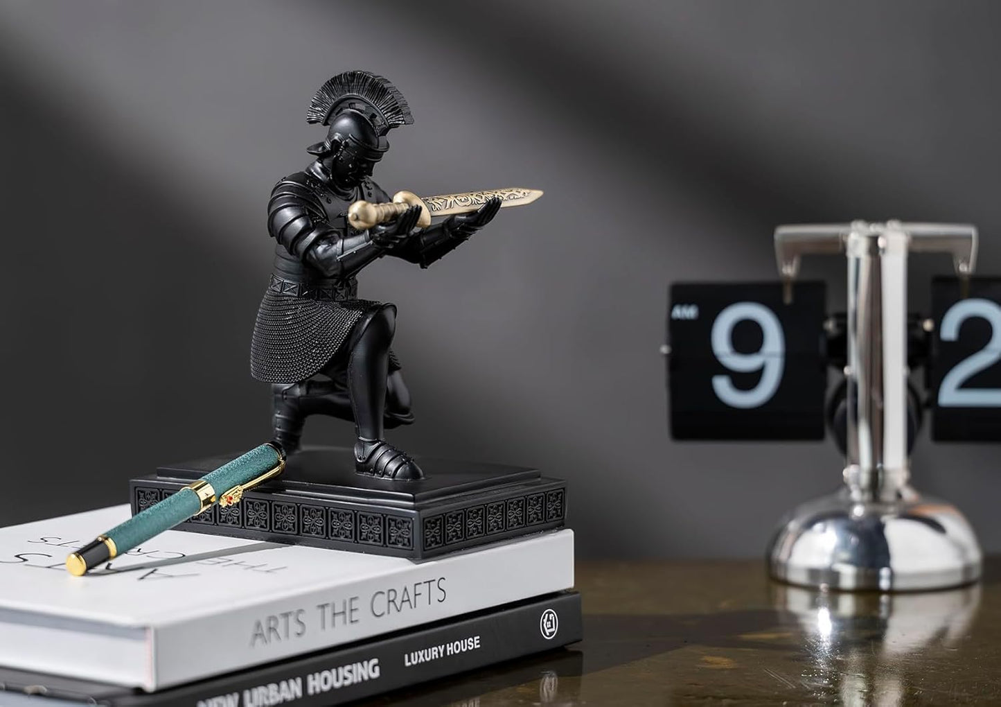 Roman Praetorian Warrior Knight Pen Holder Desk Ornament Resin Pencil Holder Desk Accessories and Organizer For Office with a Letter Opener (Black)