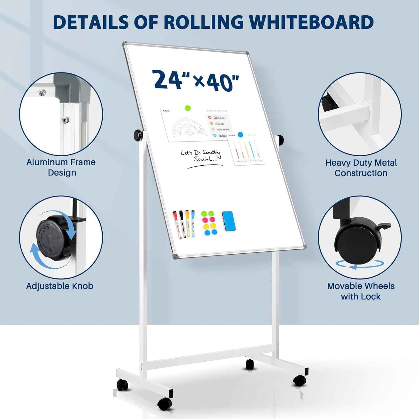 Rolling Whiteboard, 40" x 24" Magnetic Mobile White Board on Wheels, Double Sided, Height Adjustable Aluminum Frame Dry Erase Board with Stand for Office, Home, Classroom