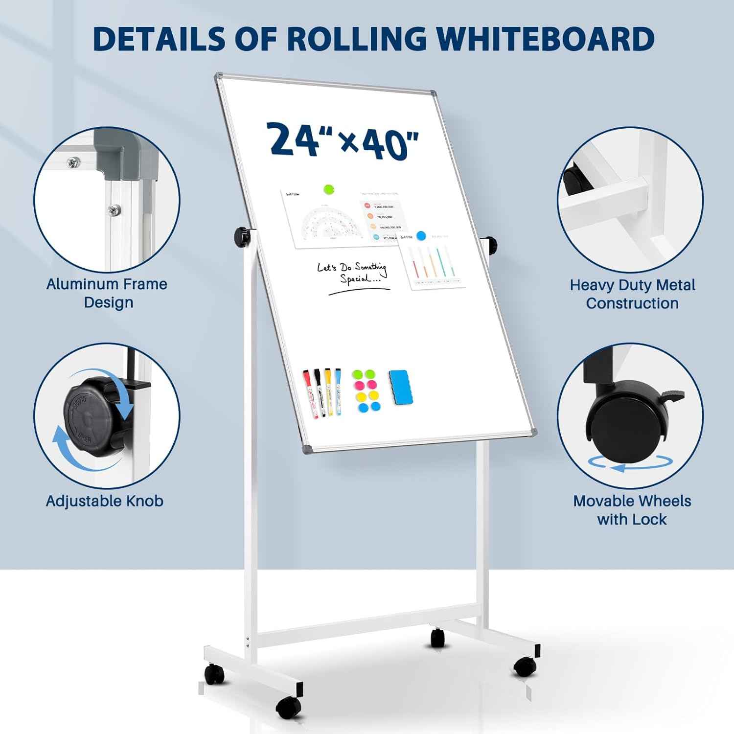 Rolling Whiteboard, 40" x 24" Magnetic Mobile White Board on Wheels, Double Sided, Height Adjustable Aluminum Frame Dry Erase Board with Stand for Office, Home, Classroom