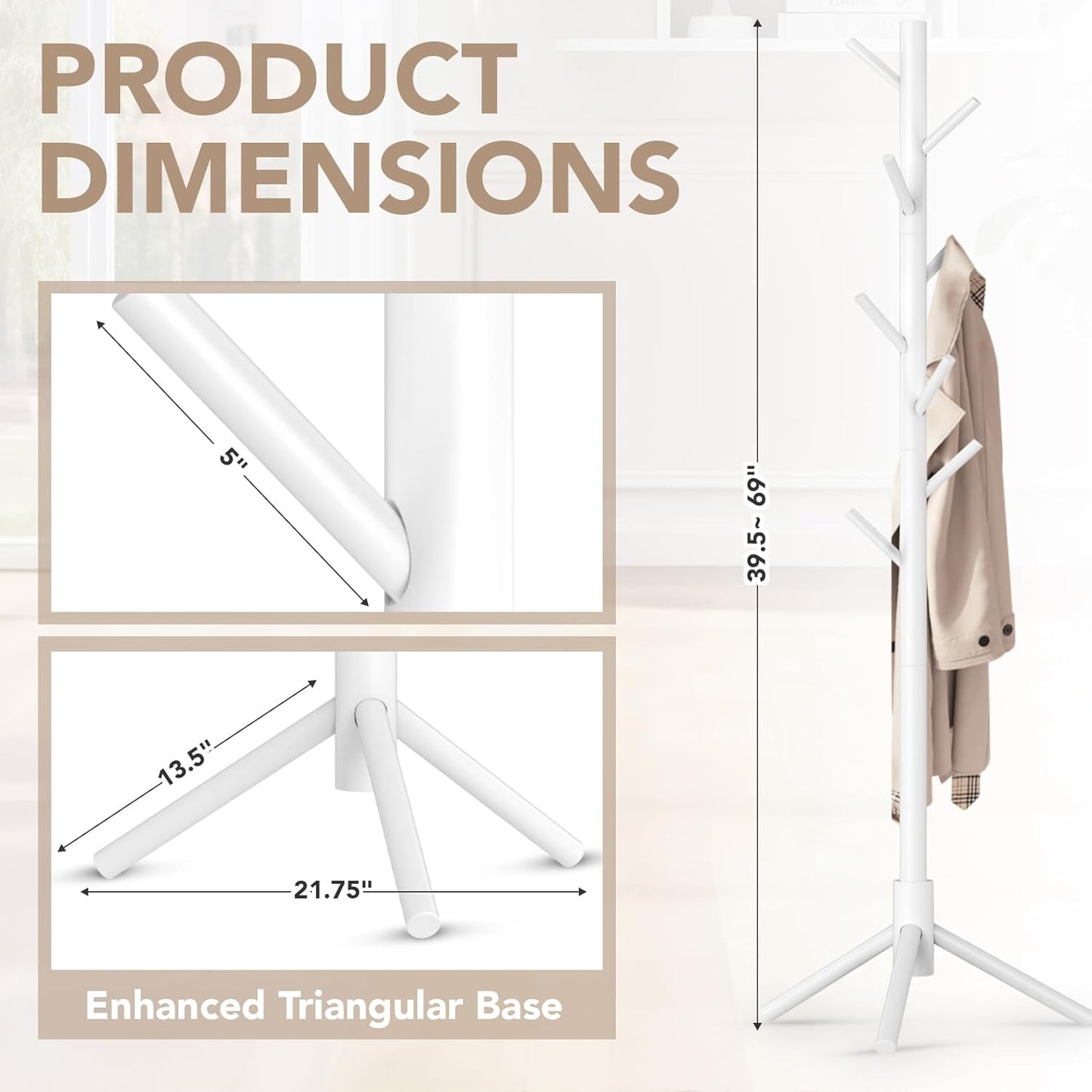 Wooden Tree Coat Rack Stand,Sturdy Freestanding Coat Rack with 8 Hooks,3 Adjustable Height for Child Adult,Wood Coat Stand Tree Fits Entryway Bedroom Office for Bags,Hats, 2 Pack - Lumora Desk