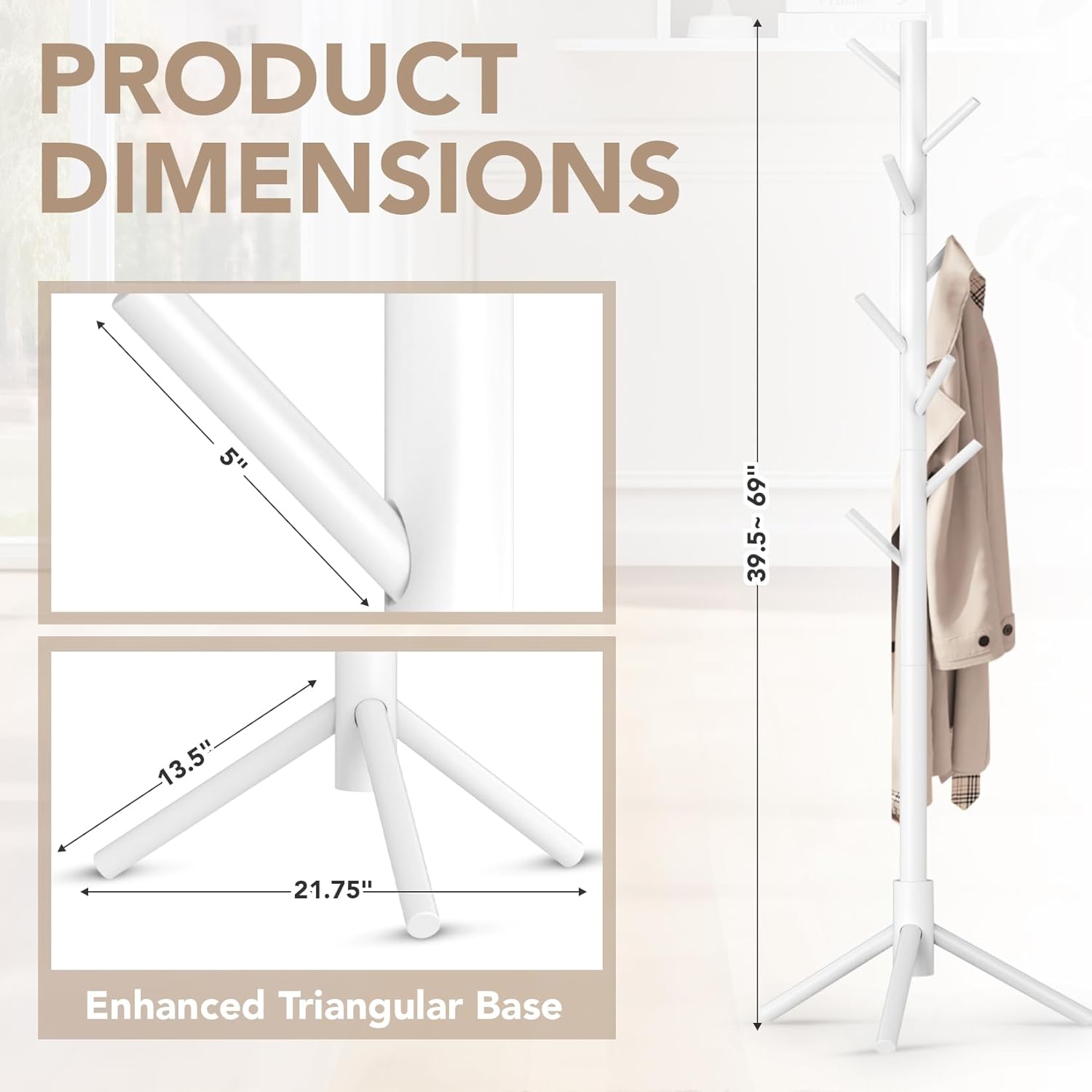 Wooden Tree Coat Rack Stand,Sturdy Freestanding Coat Rack with 8 Hooks,3 Adjustable Height for Child Adult,Wood Coat Stand Tree Fits Entryway Bedroom Office for Bags,Hats - Lumora Desk