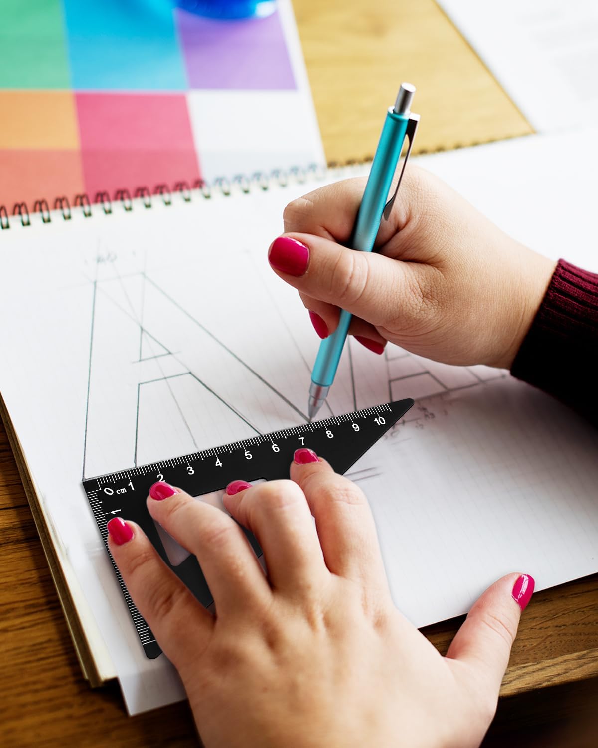 Honagu Triangular Ruler Set, 8 Pieces/2 Sets Aluminum Alloy Ruler, Metal Drafting Ruler, Geometric Protractor for Students, Draftsmen, Engineers, School Office Supplies (Blue+Black)