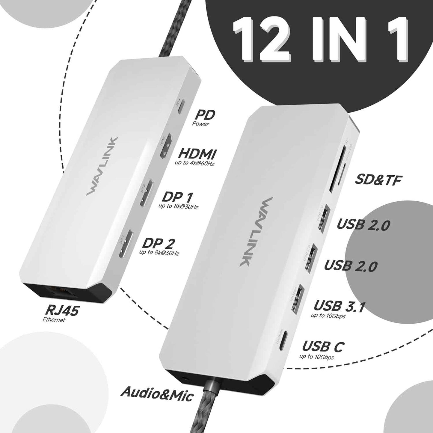 Docking Station Dual Monitor, WAVLINK Displayport Docking Station with Dual DP, HDMI, 100W PD in, 10Gbps USB A/C, 2.5G Ethernet Port for Dell/HP/Lenovo etc, Windows Systerm Computer Only