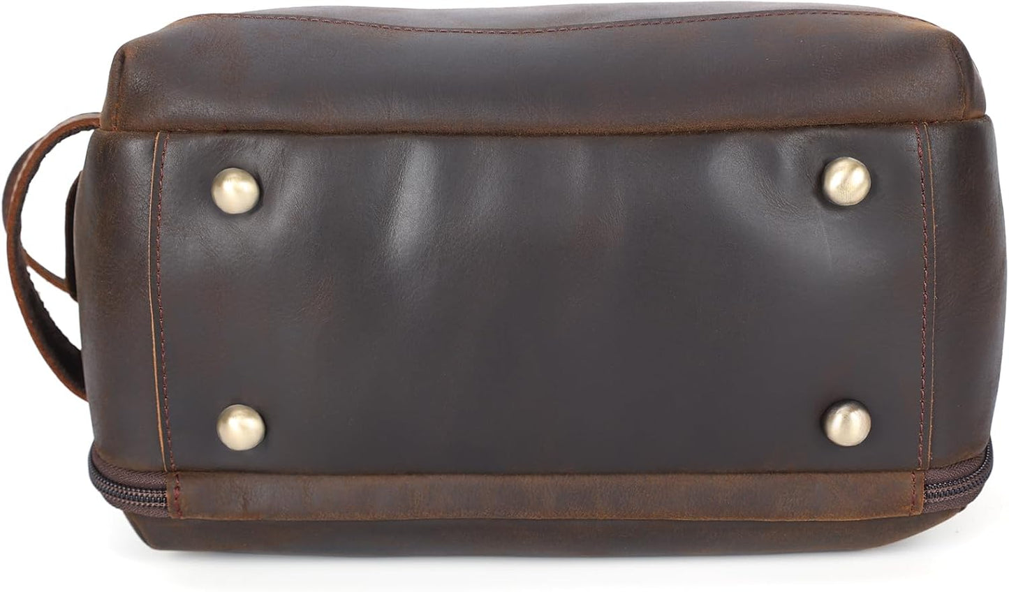 Polare Full Grain Leather Toiletry Bag for Men Large Travel Cosmetic Case Dopp Kit Shaving Kit Wash Pouch with YKK Zippers