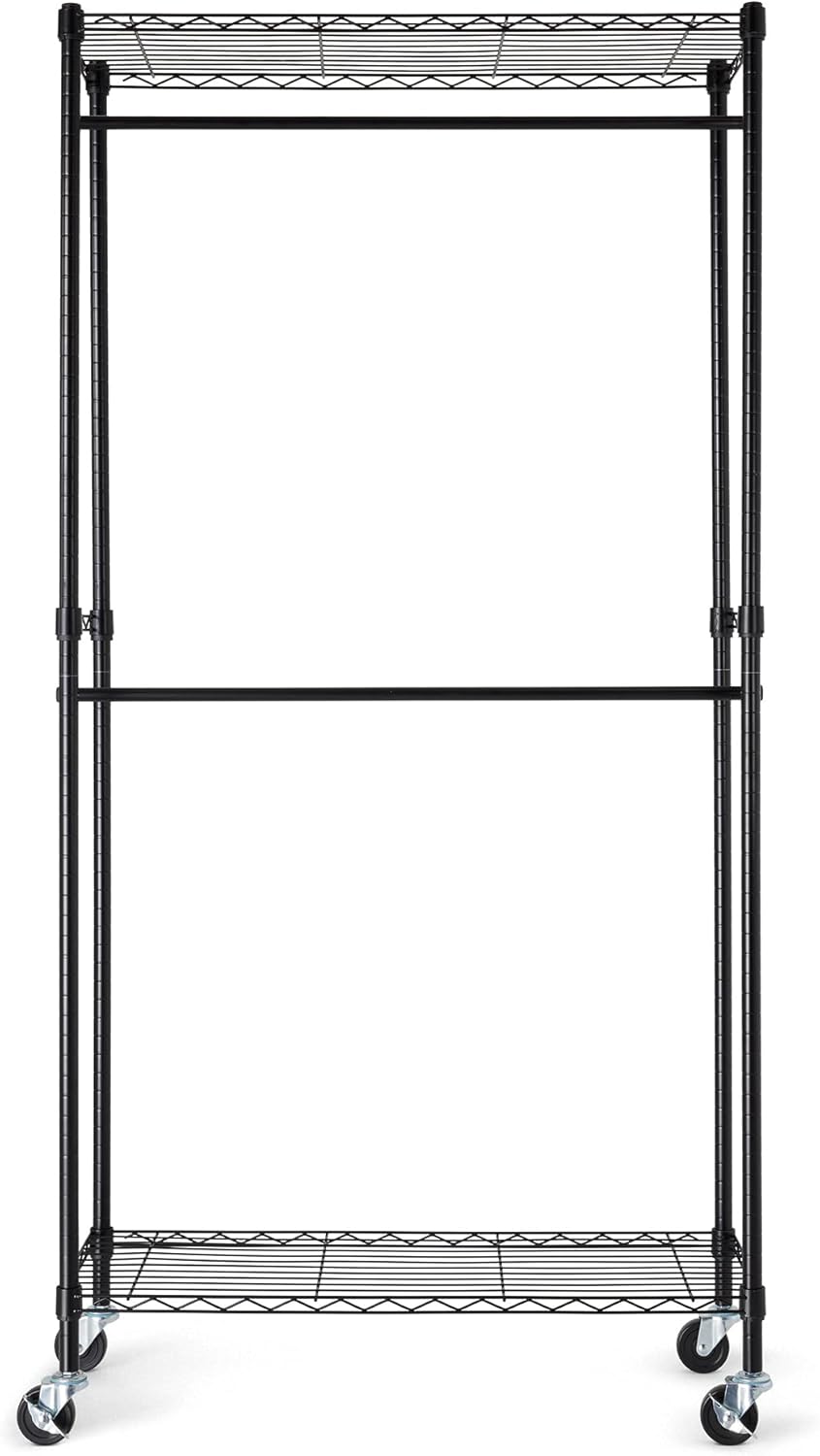 Amazon Basics Adjustable, Double Hanging Rod Garment Rolling Closet Organizer Rack with Wheels, Heavy Duty, Black, 36'' x 14'' x 72'', WI-GAR1436B - Lumora Desk