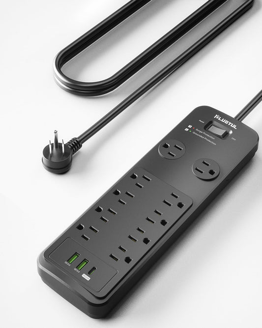 Surge Protector Power Strip 20FT, PLUGTUL Surge Protector with 10 Outlets - Spacious Design for Large Plugs, Flat Plug, 20W USB C Charging for Home, Office, ETL Listed, 2040J