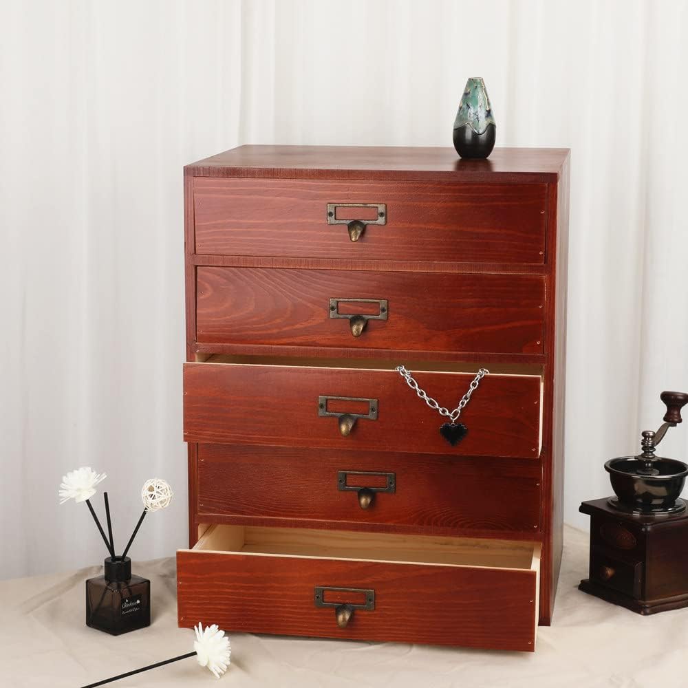 Large Wooden Drawer Rustic Desk Organizers and Accessories Wooden Storage Dox with Drawers Paper Storage Drawer Wood File Organizer Library Card Catalog Cabinet Apothecary Cabinet (L-BROWN)