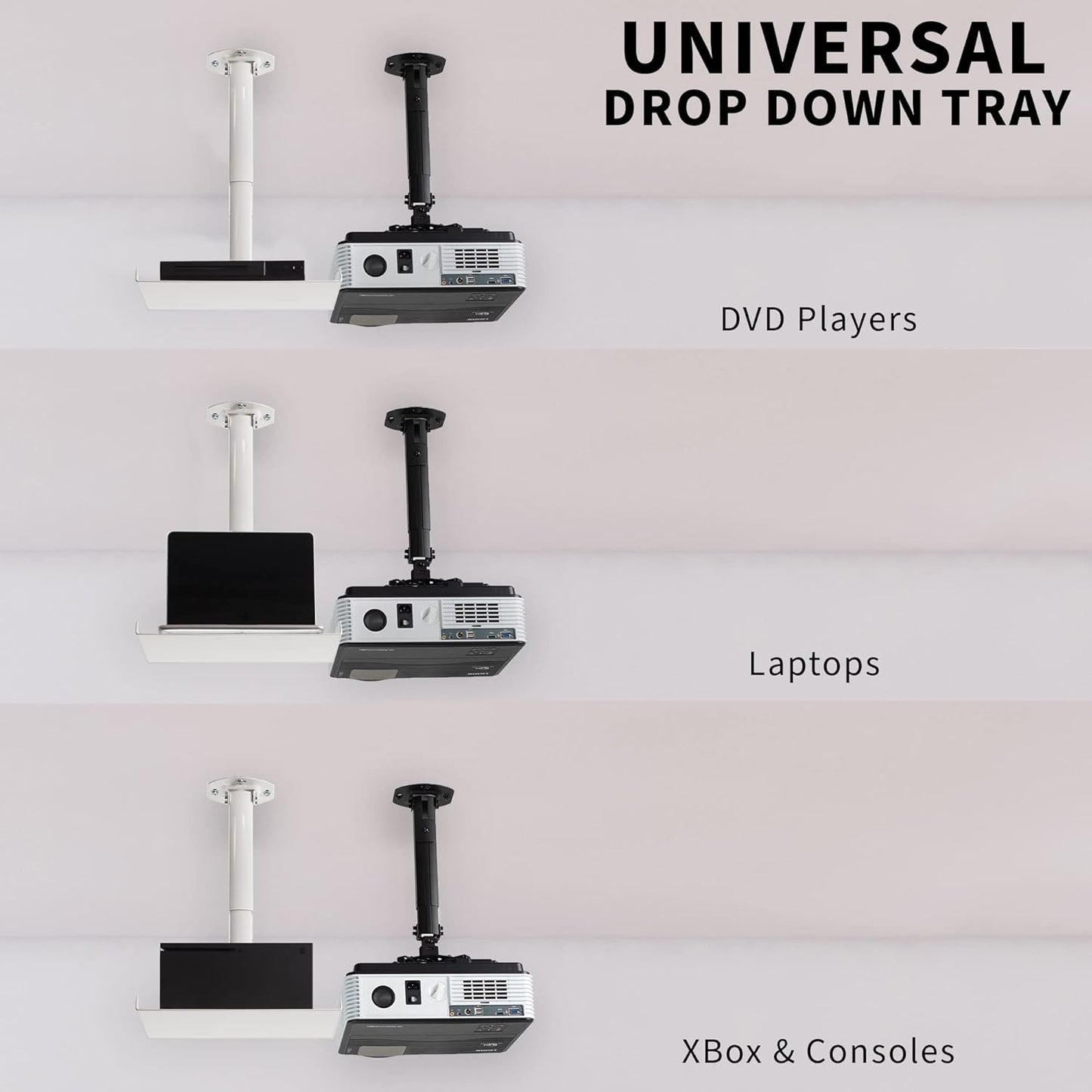 VIVO Universal Ceiling Extending Projector Tray Mount, Height Adjustable Projection, No Hole Installation, Hidden Cable Routing, White, MOUNT-VP08W