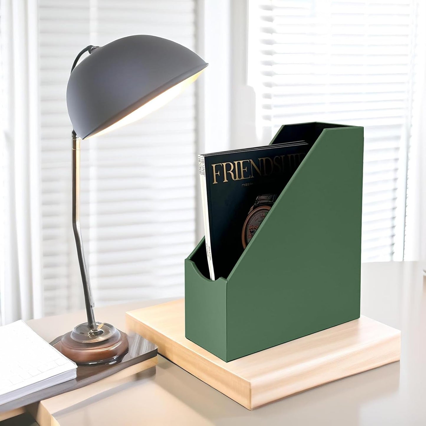 UnionBasic Magazine File Holder, Leatherette Desktop Document Organizer, Home Office Paper Holder File Storage Literature Sorter, Malachite Green, Set of 4