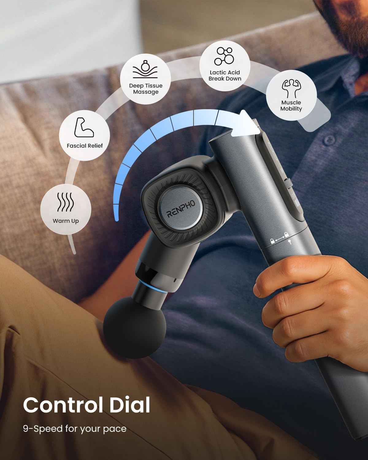 RENPHO Foldable Massage Gun with Extension Handle for Back, Fathers Day Dad Gift, 0-90° Adjustable Angle, FSA Eligible, Handheld Percussion Deep Tissue Massager with 9mm Amplitude for Pain Relief HSA
