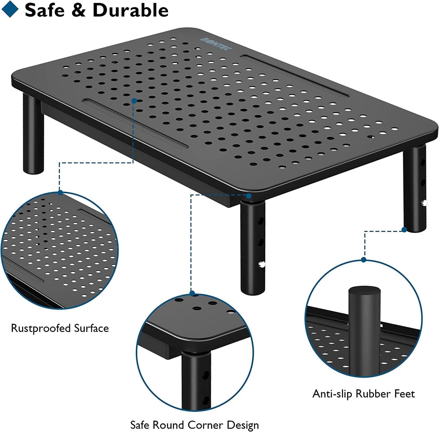 BONTEC 2 Pack Adjustable Monitor Stand Riser with Drawer, Ergonomic Mesh Platform for Laptop, PC, iMac, Printer, Supports up to 44 lbs/20kg with Cable Management Included