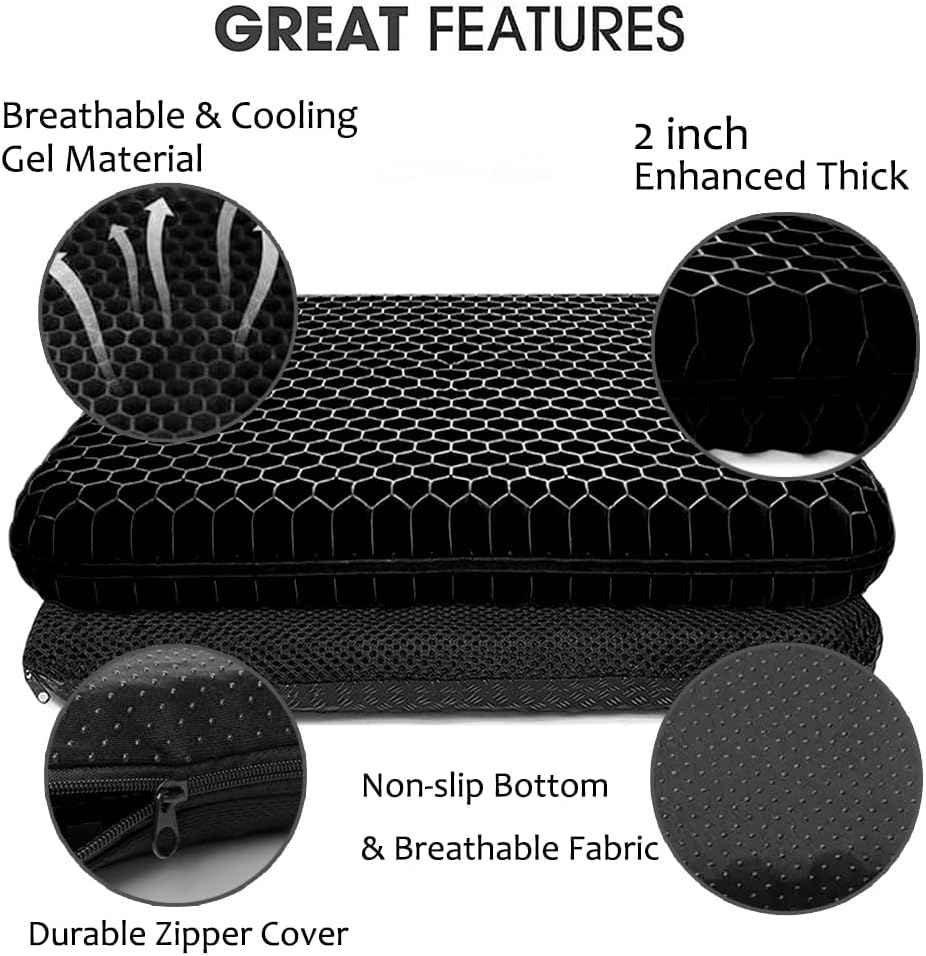 Gel Seat Cushion, Double Thick Breathable Honeycomb Design Absorbs Pressure Points Seat Cushion with Non-Slip Cover Gel Cushion for Office Chair Home Car Seat Cushion for Wheelchair (Black)