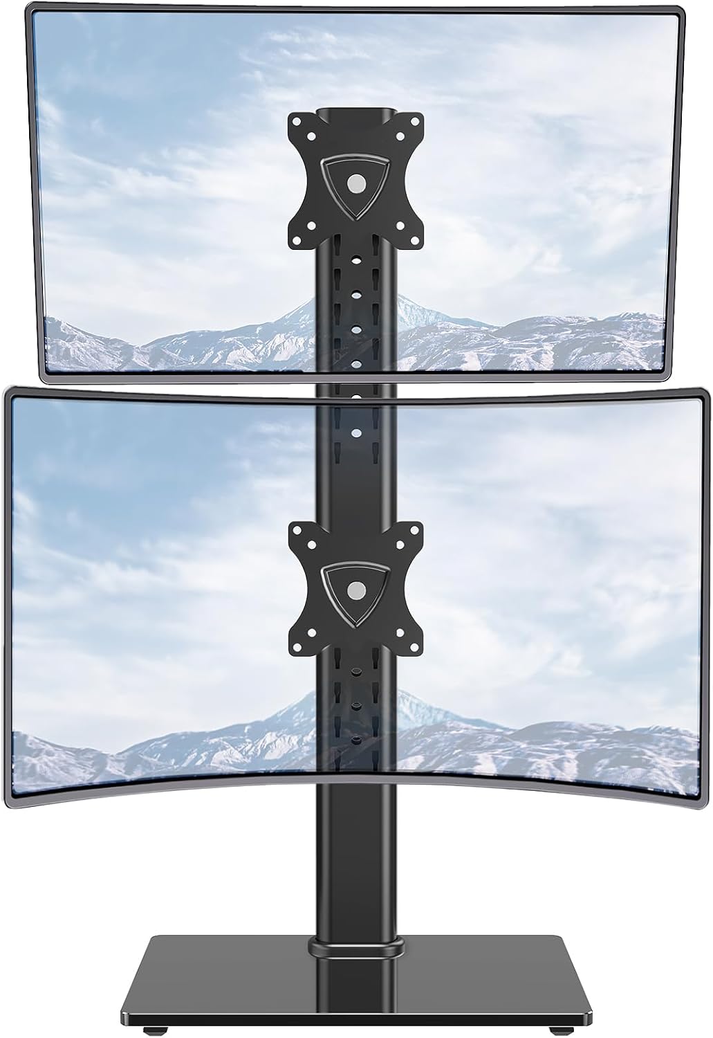 MOUNTUP Vertical Dual Monitor Stand, Stack Two Screens up to 32 inches,33 Lbs, Free-Standing Monitor Desk Mount, Monitor Riser with Swivel, Tilt, Height Adjustable, VESA Stand 100 x 100mm, 75 x 75mm