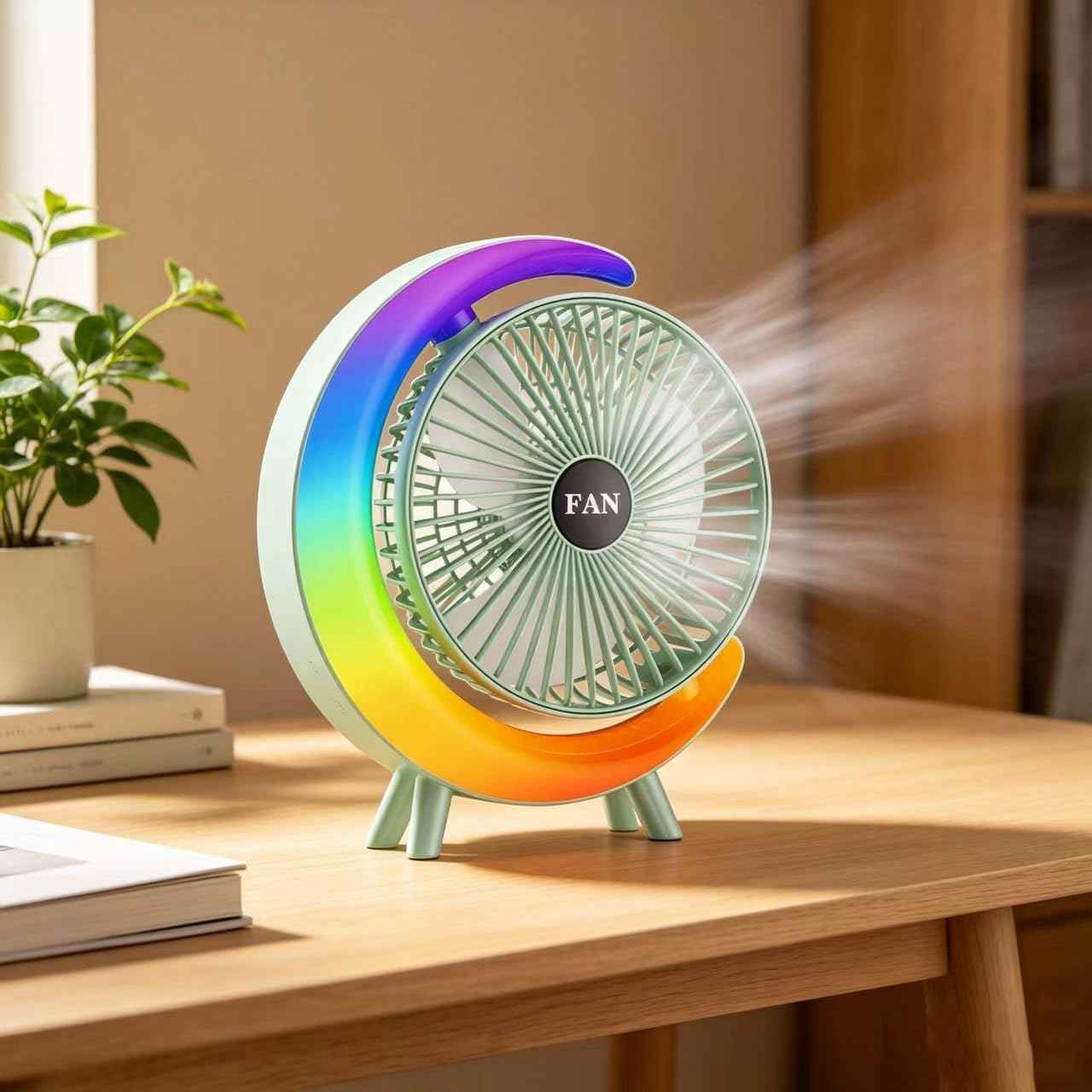 Small Quiet Desk Fan Rechargeable, Portable USB Table Fan with 5 Light Modes, 3-Speed 180° Rotation, Mini Desktop Personal Cooling Fans For Office Bedroom Kitchen Camping Dorm, Green-B