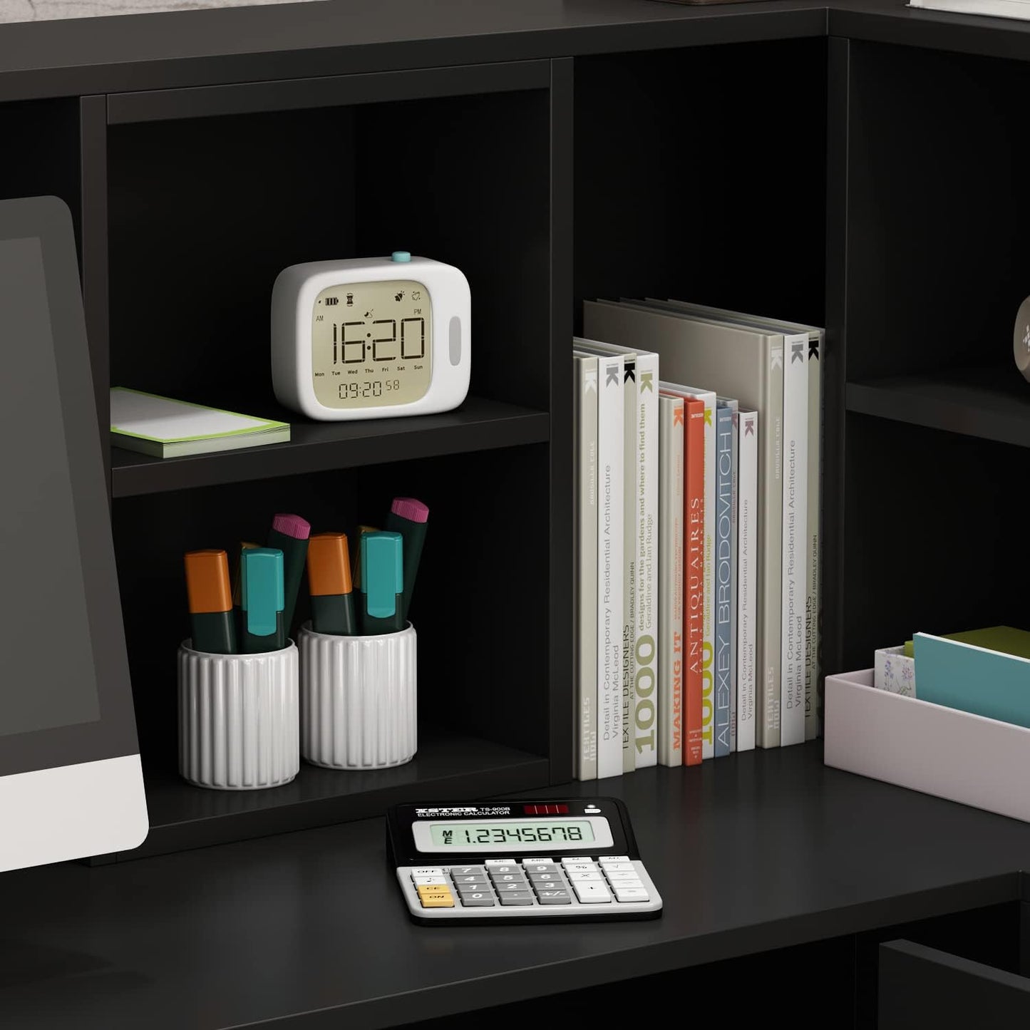 Modern Reception Desk Counter Table, L-Shap Reception Room Front Desk with Lockable Drawer & Open Shelves, Retail Counter for Salon Checkout Office, Black (55.9" W x 32.3" D x 48.4" H)