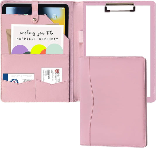 Portfolio Folder Padfolio with A4 Clipboard, PU Leather Portfolio Clipboard Business Binder Writing Clip Board Organizer for Legal Documents Business Card Men Women Pink