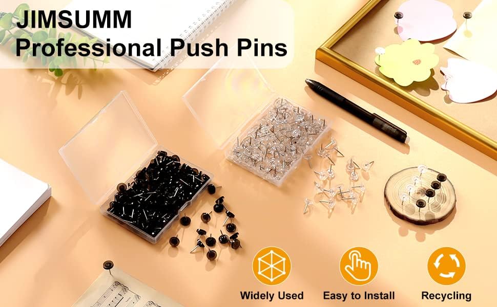 150 PCS Push Pins, Standard Plastic Head Steel Point Black Thumb Tacks for Wall, Plastic Round Head for Bulletin Boards, Fabric Markers, Crafts and Office Organization (Black)