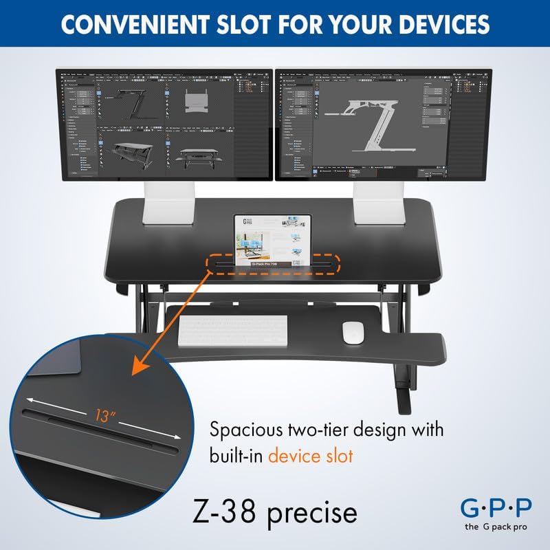 38″ Wide Standing Desk Converter – Sit-to-Stand Workstation for Dual Monitors, Height Adjustable Up to 17.3″ with Large Keyboard Tray – Black