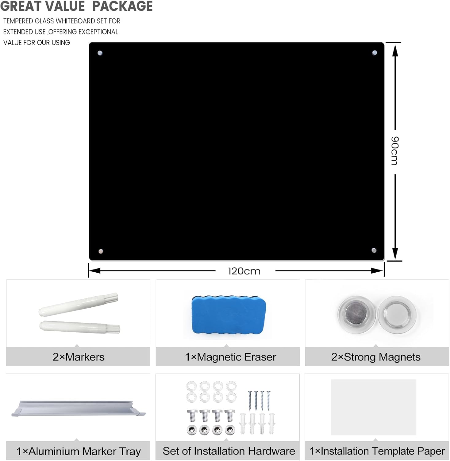Magnetic Glass Whiteboard 48" x 36" Dry Erase Board Frameless Premium Tempered Galssboards Wall Mounted Glossy writeboard with Eraser, Marker Tray for Interactive Office, (Black) - Lumora Desk