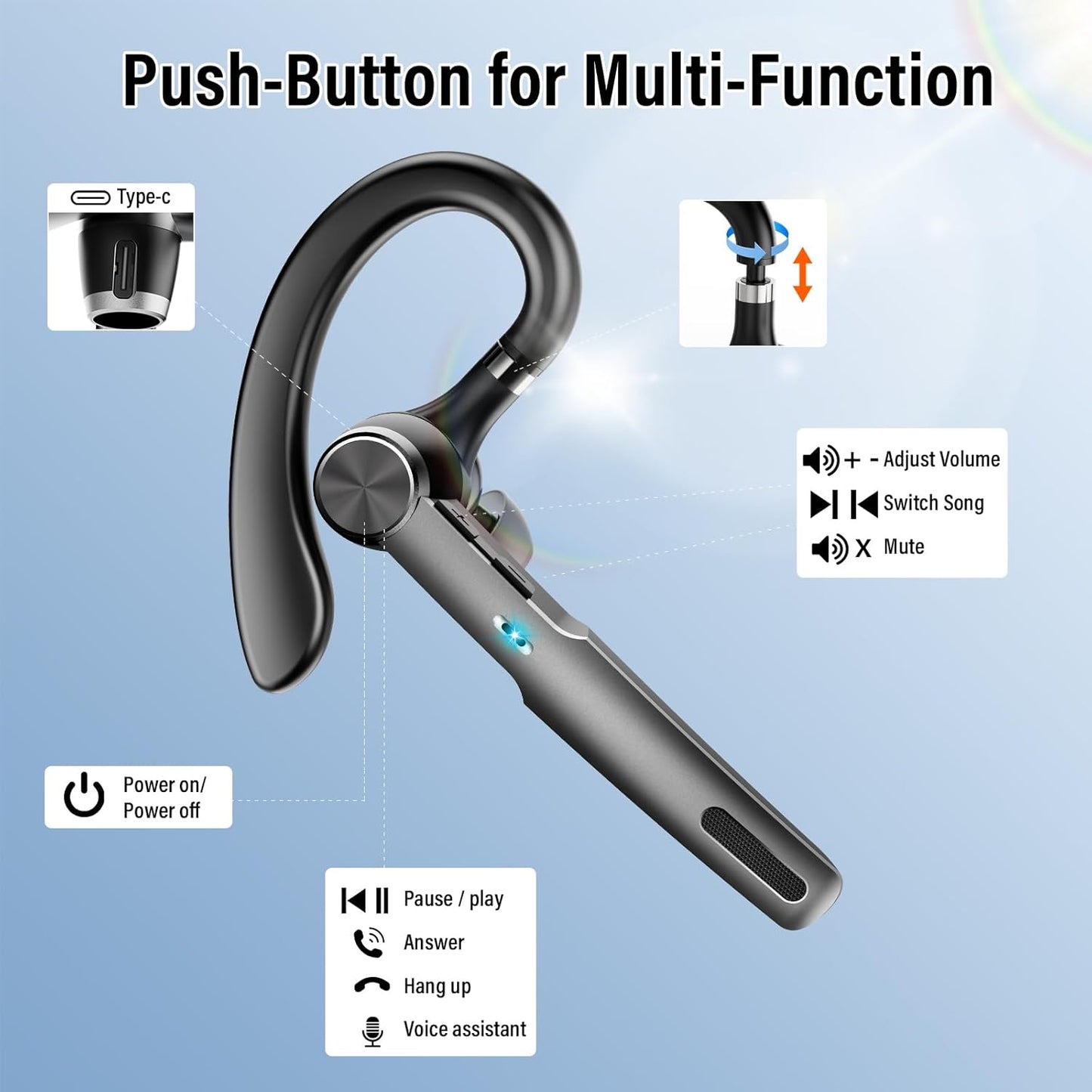 Bluetooth Headset, Wireless Earpiece with ENC Microphone, Single-Ear Bluetooth Earpiece V5.3 with Earhook, 60H Talktime, IP7 Waterproof Hands Free Earphones for for Business/Office, Carbon Black