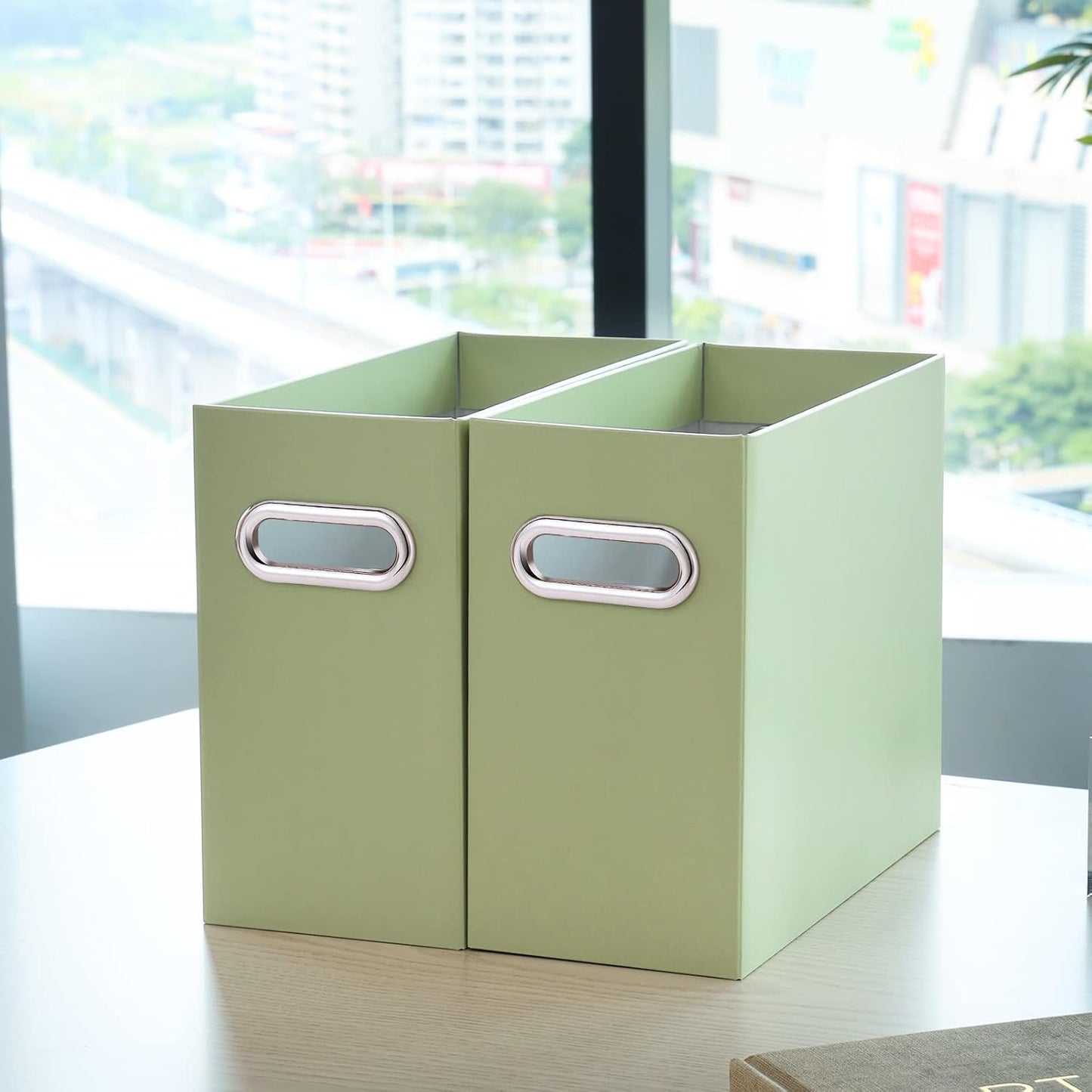 Oterri File Organizer, 6 Packs Small Storage Box, Cardboard File Folder Organizer, Collapsible File Box for Hanging File Folders Letter Size, Portable Filing Organizer with Handle（Green）