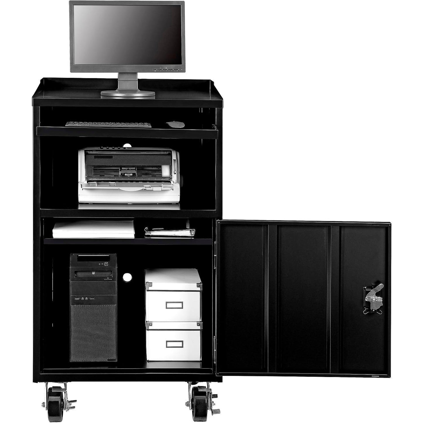 Global Industrial Mobile Computer Cabinet, Black, Unassembled, 27" W x 24" D x 49-1/4"H, Industrial Computer Workstation for CPUs, Printers, & Peripherals