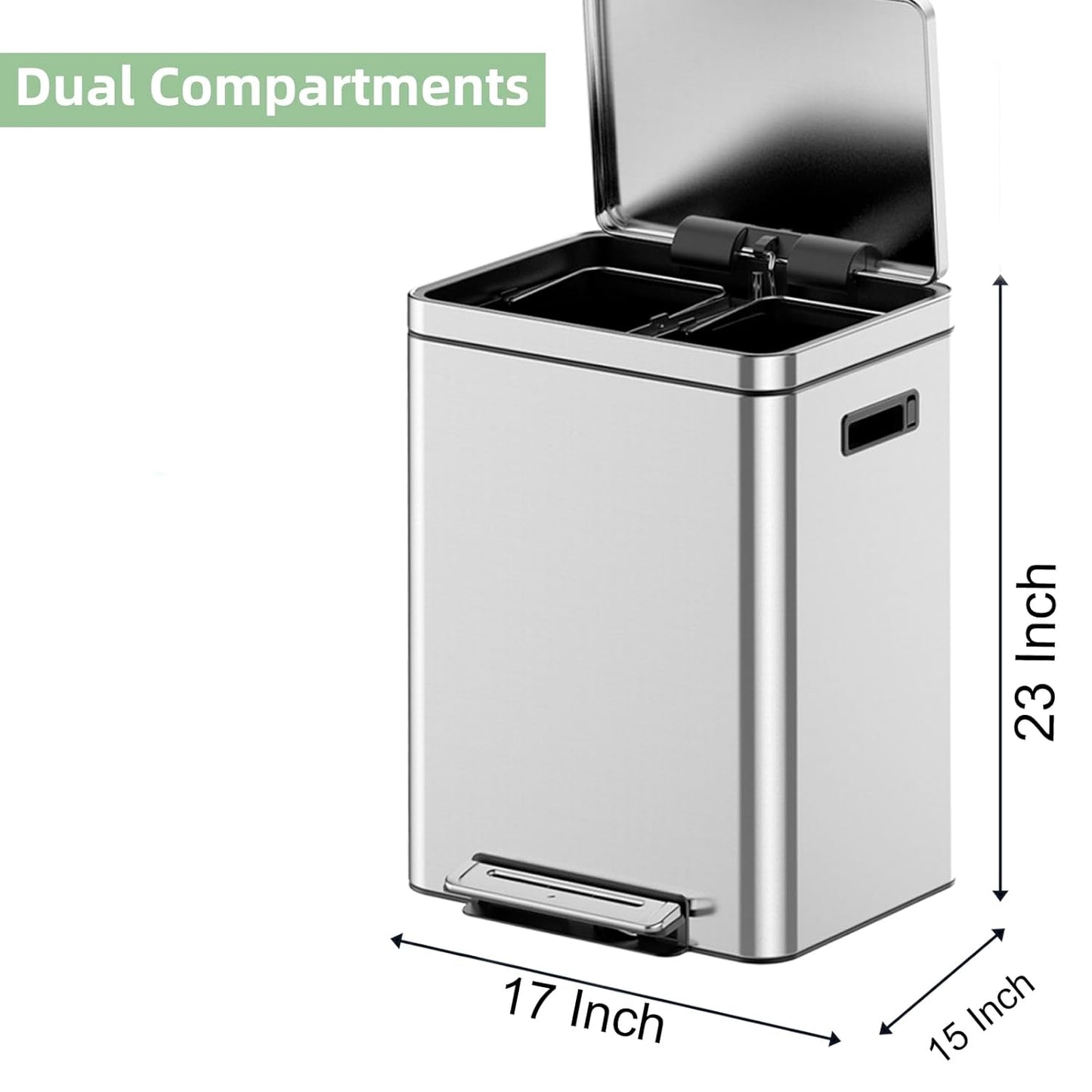 10.6 Gallon (2 x 20 L) Dual Trash Can, Stainless Steel Garbage Can with Soft-Close Lid for Kitchen, Hands-Free Recycle Bin with 2 Compartment Removable Inner Bucket for Home, Office