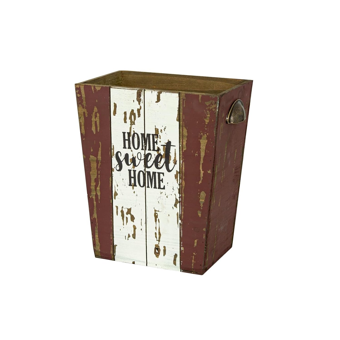 Small Wood Trash Can Wastebasket, Farmhouse Rectangular Garbage Can Waste Basket, Rustic Distressed Wooden Trash Recycling Bin with Metal Handles, Home Sweet Home Wood Storage Basket (Distressed)