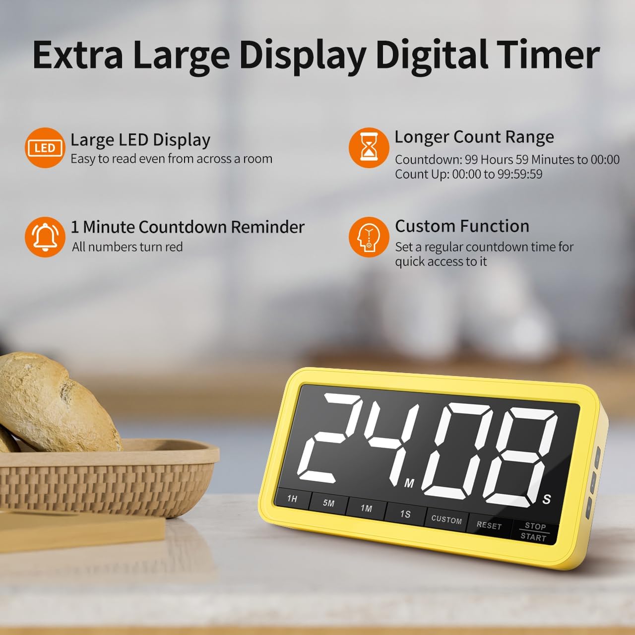 VOCOO Digital Kitchen Timer with 7.8” Extra Large Display, Magnetic, 3 Brightness, 4 Alarms and 3 Volume Levels, Battery Countdown Count Up Timer for Cooking, Classroom, Home Gym (Yellow)