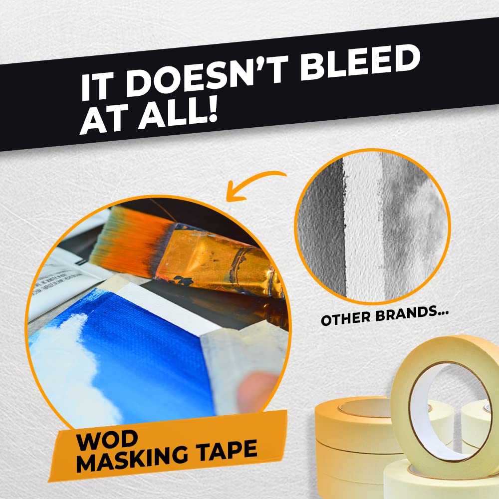 WOD MT5 Utility Grade Masking Tape, 3/8 inch x 60 yds. for Home or Office air-Dry Painting, Labeling, & Packing. Leaves no Residue