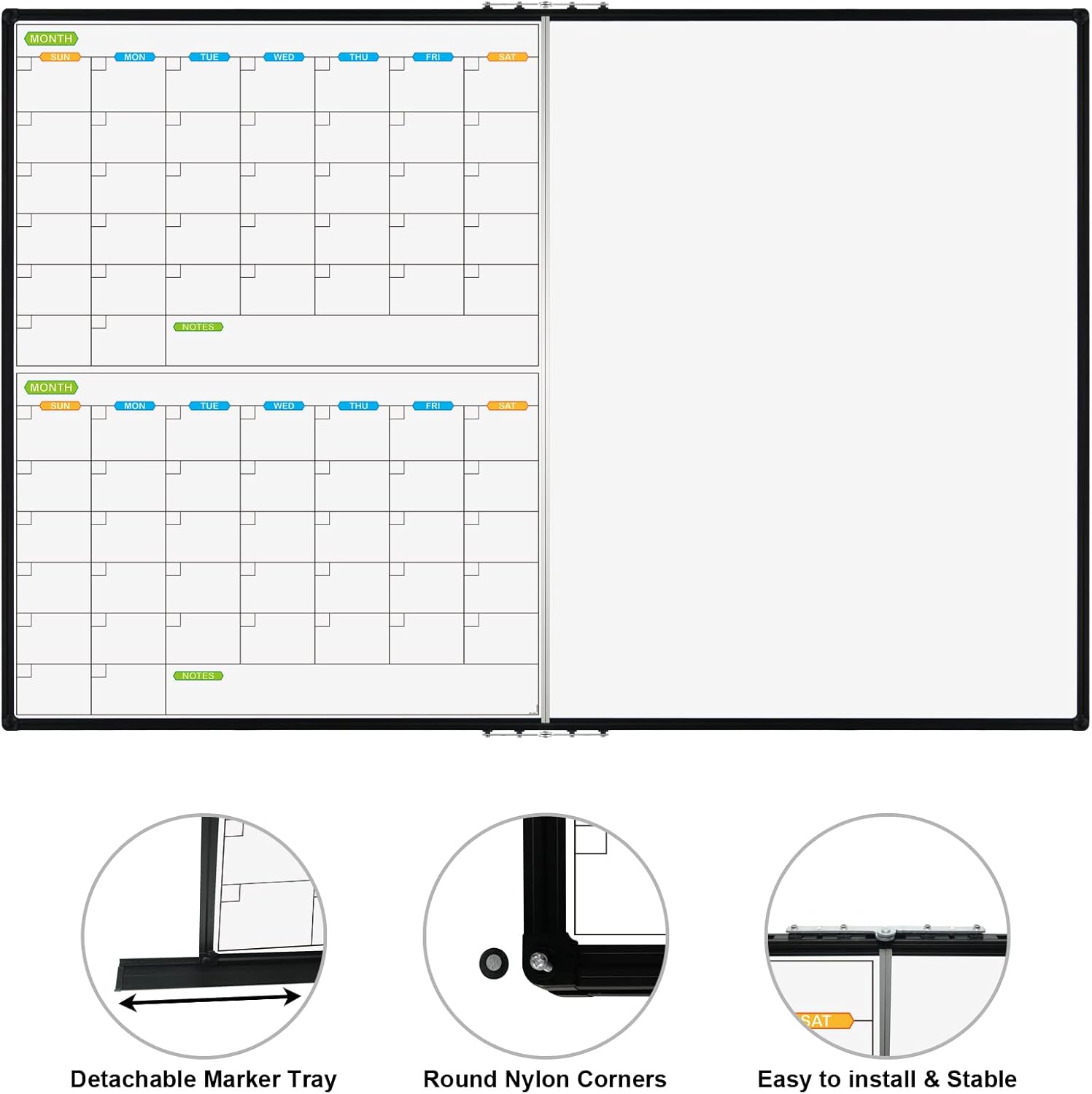 JILoffice Magnetic Foldable Dry Erase Calendar Whiteboard Combo, 2 Month Calendar Board & White Board 72 X 40 Inch, Black Aluminum Frame Wall Mounted Board for Office Home and School - Lumora Desk