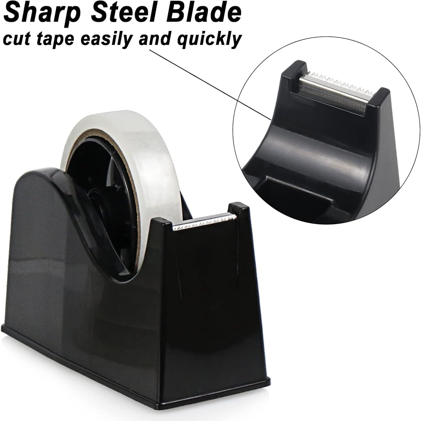 BOMEI PACK Desktop Tape Dispenser (Fits 1" & 3" Core) with Transparent Tape Refills, Clear Tape with Black Tape Holder,Weighted Non Slip Base, for Masking Tape,Heat Resistant Tape