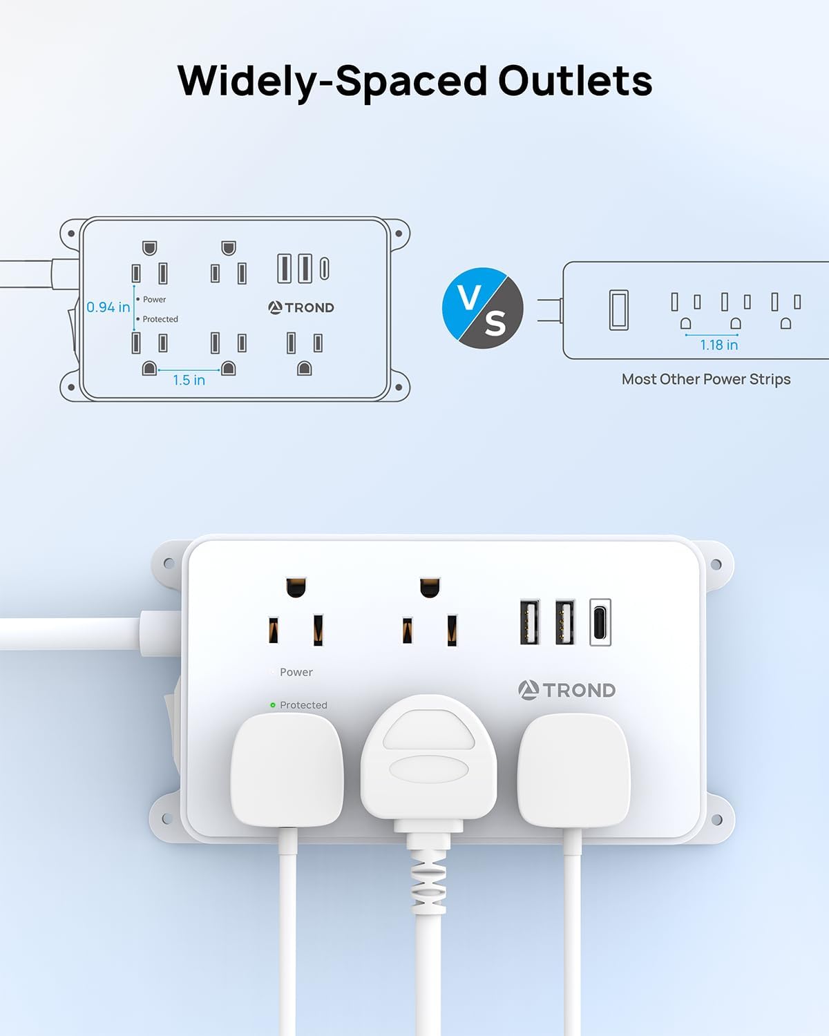 TROND Power Strip with USB, Surge Protector Flat Plug with 5 Widely-Spaced Outlets and 3 USB Ports, ETL Listed, 1300J, Wall Mountable, 5ft Extension Cord, for Office Kitchen, White